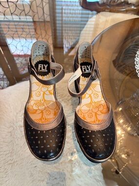 Fly London Black and Gray Perforated Mary Jane Heels